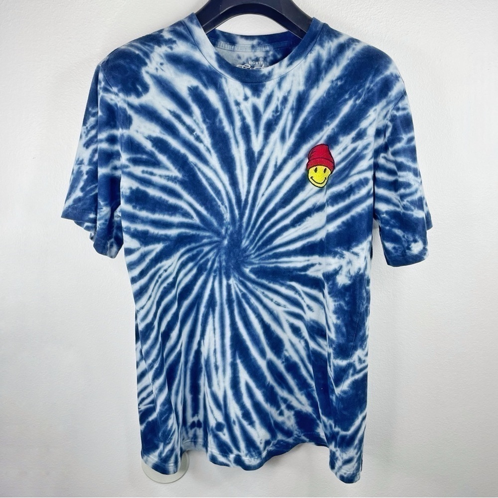 EIGHTY EIGHT Men’s Trippy Blue Tie-dye T-shirt with Beanie Emoji Size M - Picture 2 of 5